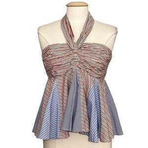Anthropologie Women Top L Red Blue Mixed Stripe Halter Patriotic Nautical Preppy